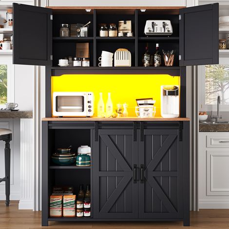 MODFU – Meuble haut cuisine 115x40x174,7 cm MDF noir – LED app et portes coulissantes – Rangements multiples – Noir (1/5)