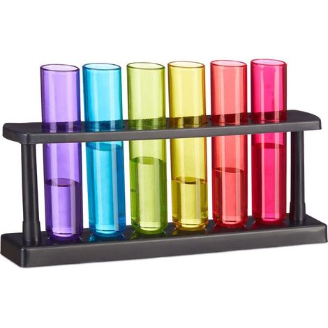 6 verres à shots éprouvettes, support inclus, 4 cl, plastique coloré, pour soirées et jeux à boire (1/4)