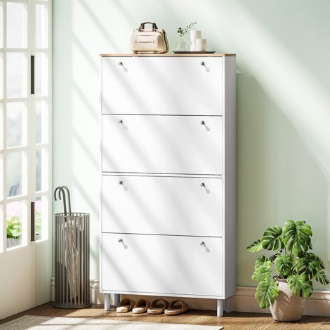 Armoire Chaussures 32 Paires, 4 Tiroirs Rabattables, Étagères Réglables, 80x23,5x157 cm, Blanc (1/5)