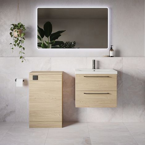 Napoli 390 Light Oak 1100mm Wall Mounted 2 Drawer Vanity Unit and Toilet Suite with Glide Basin - 1100mm - Gunmetal Grey 320mm HandleWithout Kingston Toilet Pan