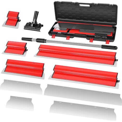Spatule Enduit Lissage Set, Kit Couteaux à Enduire(15cm+25cm+40cm+60cm+80cm) Ensemble d'Outils d'Écrémage, Lame Remplaçable et Poignée d'Extension, pour Enduire Murs et Plafonds, Rouge (1/5)