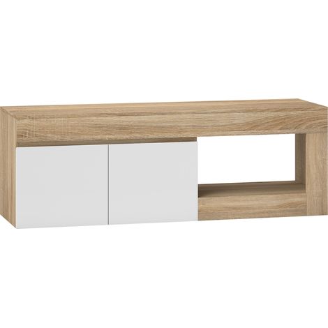 Support TV Mobile 60" avec Meuble 2 Portes et Étagère Ouverte, 140x40x48 cm, Bois Massif