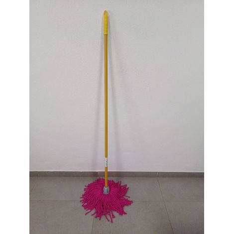 Mocio in microfibra con filo rosa + bastone giallo 140 cm, filo universale, non graffia il pavimento, pavimenti lisci e non ruvi
