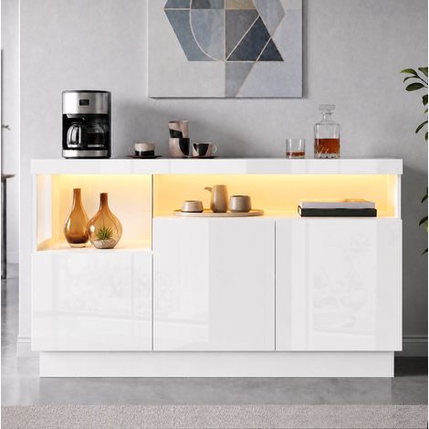 Credenza LED 140 x 36 x 80 cm con contenitore, frontale bianco lucido DESVIAE (1/5)