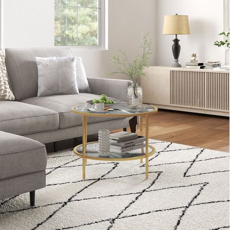 MEUBLIV Runde Couchtisch Ø60 x 43 cm, goldfarben – doppelte Ablage (1/5)