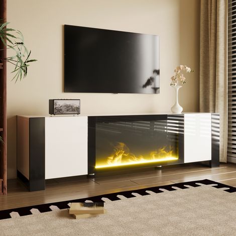 Meuble TV bas avec effet flamme de cheminée électrique, sans fonction de chauffage, finition laquée brillante, assorti au meuble TV. (1/4)