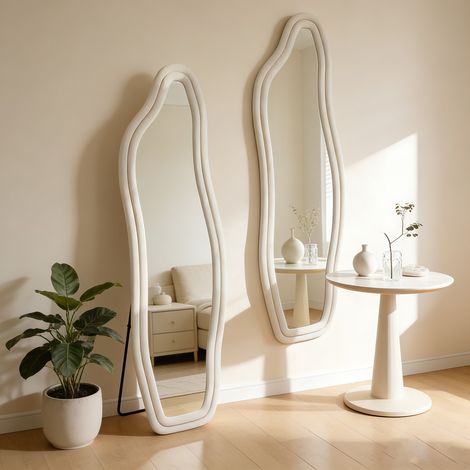 Long miroir de sol ou mural pleine longueur 160x50 cm, avec cadre ondulé en Velours, pour chambre et entrée, à adosser ou accrocher, jaune