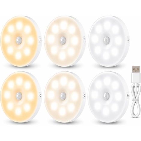 Luminaires à détecteur de mouvement pour l'intérieur, lot de 6 lampes LED et veilleuses, à coller au mur, pour armoires et placards, fonctionnant sur piles, pour la maison (1/5)