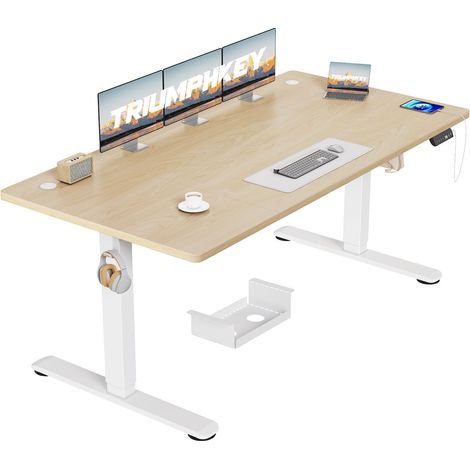 Bureau Assis Debout Électrique 160×70 cm, 3 Mémoires, Beige (1/5)