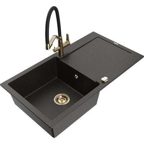 Mexen Leo fregadero de granito de 1 seno con escurridor y grifo de cocina Duo, negro/dorado metálico - 6501-75-671701-57-G (1/5)