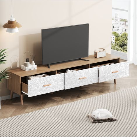 Mueble TV 150x39x35 cm blanco y madera clara en tablero de partículas con 3 cajones y patas de madera maciza (1/5)