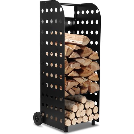 Jiubiaz Kaminholzwagen für 60 kg Holz Holzwagen Kaminholzkorb mit stabilen vollgummierten Brennholzkarre kaminholzregal für Holztransport schwarz