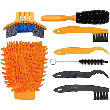 Kit de nettoyage de vélo 7 pièces pour différents modèles, comprenant une brosse pour chaîne, pneu et roue. (1/5)