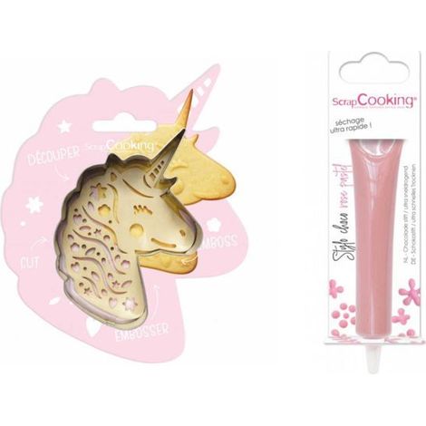 Kit pour biscuit en relief Licorne + Stylo au chocolat rose pastel
