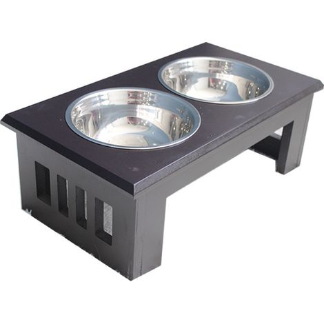Gamelle double chien chat Porte-gamelles surélevé dim. 44L x 24l x 15H cm 2 gamelles acier inox. couleur acajou (1/5)