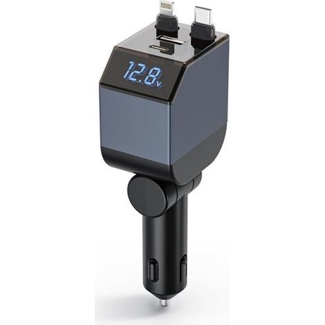 4-in-1 USB-C-Autoladegerät, PD30W Schnellladung, zwei einziehbare Kabel, LED-Voltmeter, Handy-Ladegerät, für iOS, Android, 12–24 V, max. 84 W