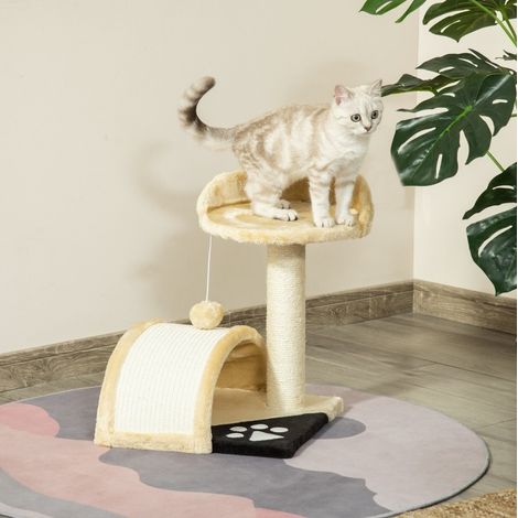 Tiragraffi in sisal e peluche beige, struttura multilivello per graffiare, riposare e giocare, 35,5 x 37 x 46 cm (1/5)