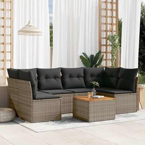 7-tlg. Garten-Sofagarnitur mit Kissen Grau Poly Rattan vidaXL (1/5)