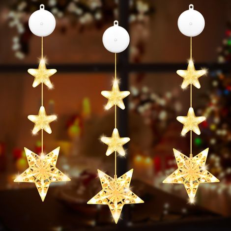 Christmas Window LED Star Lights with Suction Cups, 3 Star Hanging Window Decorations, Festive Xmas Lights for Home, Bedroom, Balcony and Party (1/5)