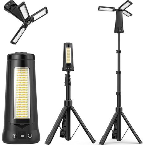 Adewalk Lampe de Camping LED 15000mAh Rechargeable avec Trépied, 5500LM Projecteur de chantier dimmable Étanche IP65, Lampe de Tente Portable avec Crochet pour Travail, Urgences et Chantier(Noir) (1/5)