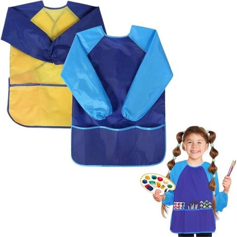 Grembiule da pittura impermeabile per bambini, maniche lunghe, con 3 tasche, blu e giallo. (1/5)