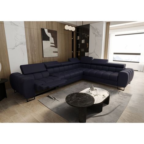 Ecksofa Schlafsofa BASTIEN RELAX in Stoff Terra Dunkelblau Ottomane Rechts