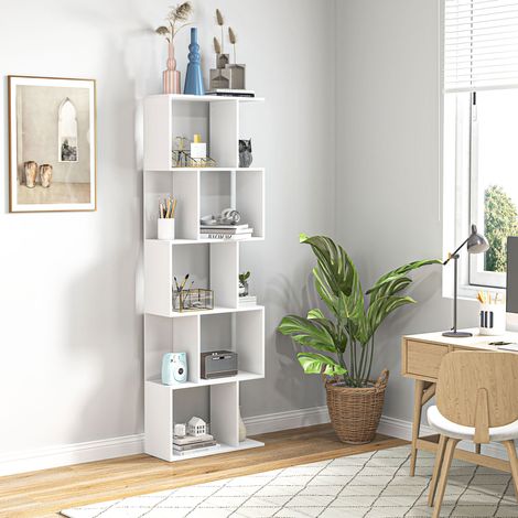 Libreria a 5 ripiani a forma di S con 10 mensole per camera da letto, studio, ufficio, 60x24x184,5 cm, bianca