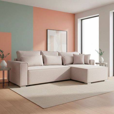 Divano Angolare Emily beige con Letto Easy Open, Contenitore e Penisola Reversibile – Comfort e Design per il Living