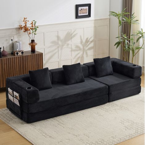 Canapé de sol convertible en lit, velours côtelé noir, 277,5 x 92,5 x 60 cm OKMYHOME (1/5)