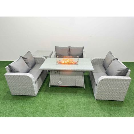 Fimous 6 Seater PE Wicker Rattan Furniture Sofa Sets with Firepit Dining Table 2 Seater Love Sofa Side Table Light Grey (1/4)