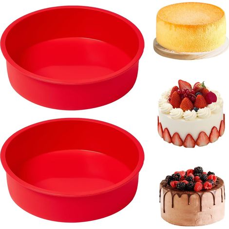 Lot de 2 moules à gâteau ronds en silicone 20 cm, antiadhésifs, démoulage facile, pour cuisson gâteaux et pain (rouge). (1/5)