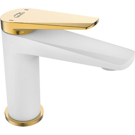 Weiß-goldener Waschtischhahn, freistehend, Einhebelmischer, mit Klick-Klack-Absperrventil, Rubio