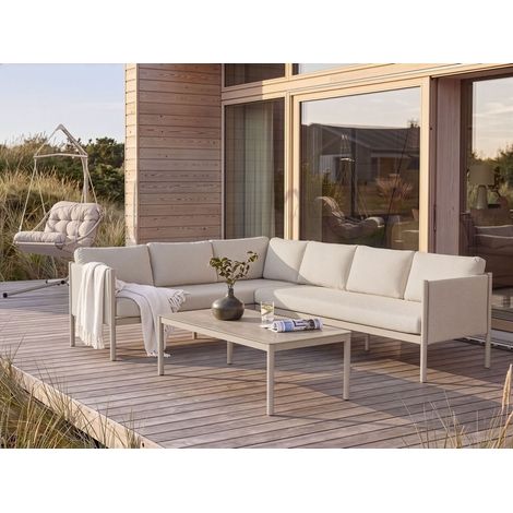 Conjunto de exterior 5 plazas sofá esquinero derecho con mesa estructura de metal tablero de vidrio templado beige Tonara (1/5)