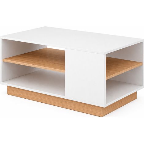Tavolino Soggiorno Living Moderno Casa Basso Design Minimal Da Caffè Ripiano Porta Riviste Struttura A Giorno Multiuso Zona Relax Arredo Elegante Funzionale 100 x 45.5 x 60 Cm Bianco E Rovere