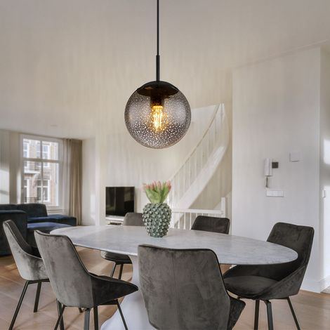 Hängeleuchte Kugel schwarz Pendelleuchte Esstisch Rauchglas Hängelampe Glas Retro, Höhenverstellbar, Sternen-Effekt, 1x E27 Fassung, DxH 20x120 cm (1/5)