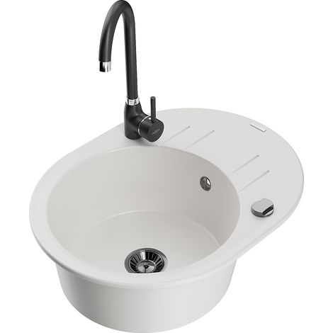 Mexen Kevin fregadero de granito de 1 compartimento con escurridor y grifo de cocina Telma, blanco - 6517-20-670200-70 (1/5)