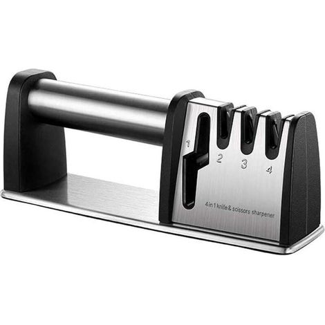 Afilador de cuchillos profesional, 4 en 1, de acero de tungsteno y diamante, manual con base antideslizante, para cuchillos de cocina y tijeras. (1/5)