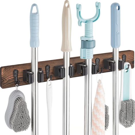 Portascope da parete, portascope da parete con 4 staffe e 4 ganci, portascope da parete senza fori, contenitore per lavanderia, organizer per attrezzi da giardino