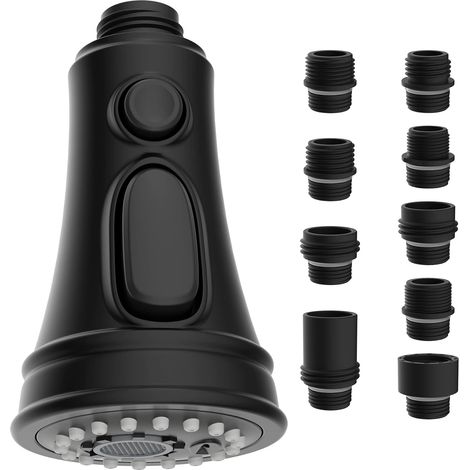 Ersatzkopf für Küchenarmaturen, ausziehbarer Wasserhahn-Sprühkopf, 3 Funktionen mit 9 Adaptern, kompatibel mit G1/2-Wasserhähnen, Mattschwarz (1/5)