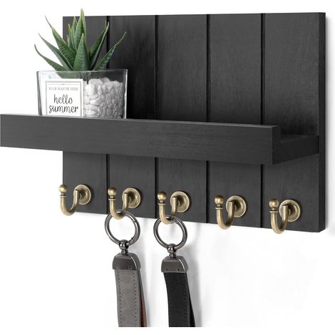 Porte-clés mural de ferme pour décoration murale, salon et courrier avec étagère pour accessoires essentiels de l'appartement, décoration d'intérieur esthétique (noir, 9 cm P x 25 cm l x (1/5)