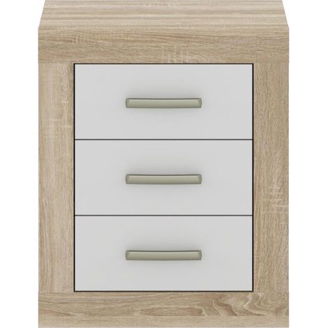 Home Heavenly® - Mesita de noche 3 cajones DORA. 50x62x35 cm. Diseño enmarcado con tiradores plateados. Color: Roble Sonoma-Blanco (1/4)