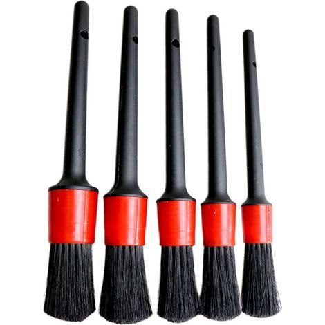 5 Pièces Brosse de Nettoyage pour Voiture, Pinceau de Détail Ensemble Pinceaux à Poil Souple pour Auto, Cuir - Noir & Rouge (1/3)