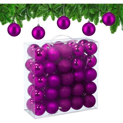 Relaxdays Palline di Natale, Set 50 Palle Albero, Addobbi Natalizi, ∅ 6 cm, in Plastica Opaca, Lucida, Glitter, Fucsia