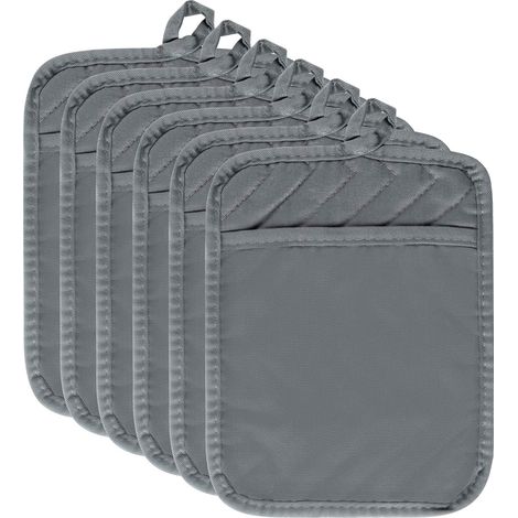Lot de 6 maniques avec poche en coton gris pour cuisine résistant à la chaleur en tissu éponge pour cuisine, dessous de plat pour cuisine, 17,8 x 22,9 cm (1/4)