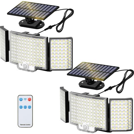 Faretto luminoso per esterni con 212 LED, grandangolo 270°, telecomando, 3 modalità, rilevatore di movimento, alimentazione solare, cavo da 5 m (16,4 piedi) per garage e giardino, confezione da 2.