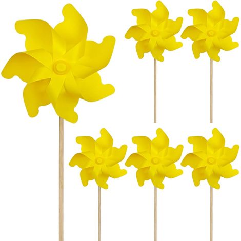 Paquet de 6 moulins à Vent, Moulin à Vent 7 pales de 32 cm avec piquets en Bois 50 cm, décoration extérieure et Jouet pour Enfants pour Cour et Jardin, Jaune, moulins pour Enfants (1/5)