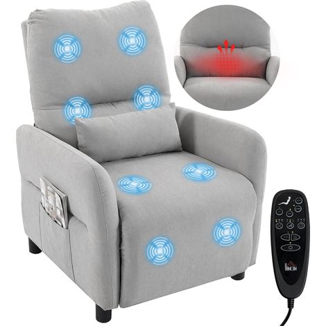 HOMCOM sillón de masaje reclinable manual, 8 puntos masaje, calor lumbar, asiento con muelles, reposapiés, cojín lumbar, bolsillos, de rizo, gris (1/5)