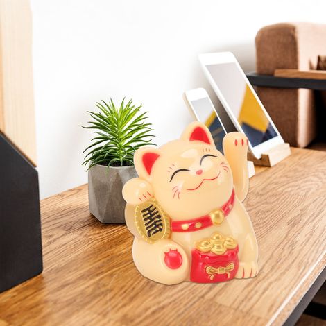 Chinesische Glückskatzenfigur aus Kunststoff, 5,3 x 4,1 cm, gelb mit animiertem Sonnenarm