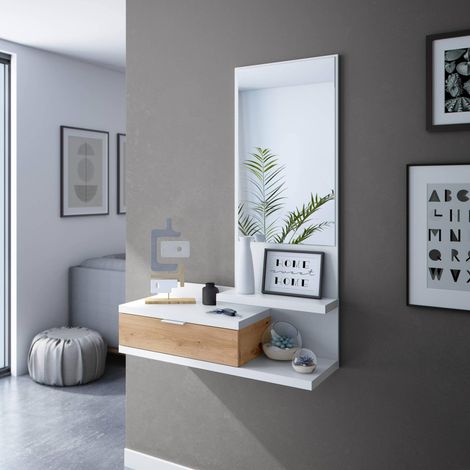 Meuble d'entrée avec miroir et tiroir, Plateau à poches pour hall d'entrée de petits appartements, 81x29h116 cm, Chêne blanc et noué (1/5)