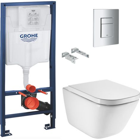 Rapid SL Pack WC bâti-support + WC suspendu Roca avec abattant SoftClose + plaque chrome (GRRROGAWR01-FR)